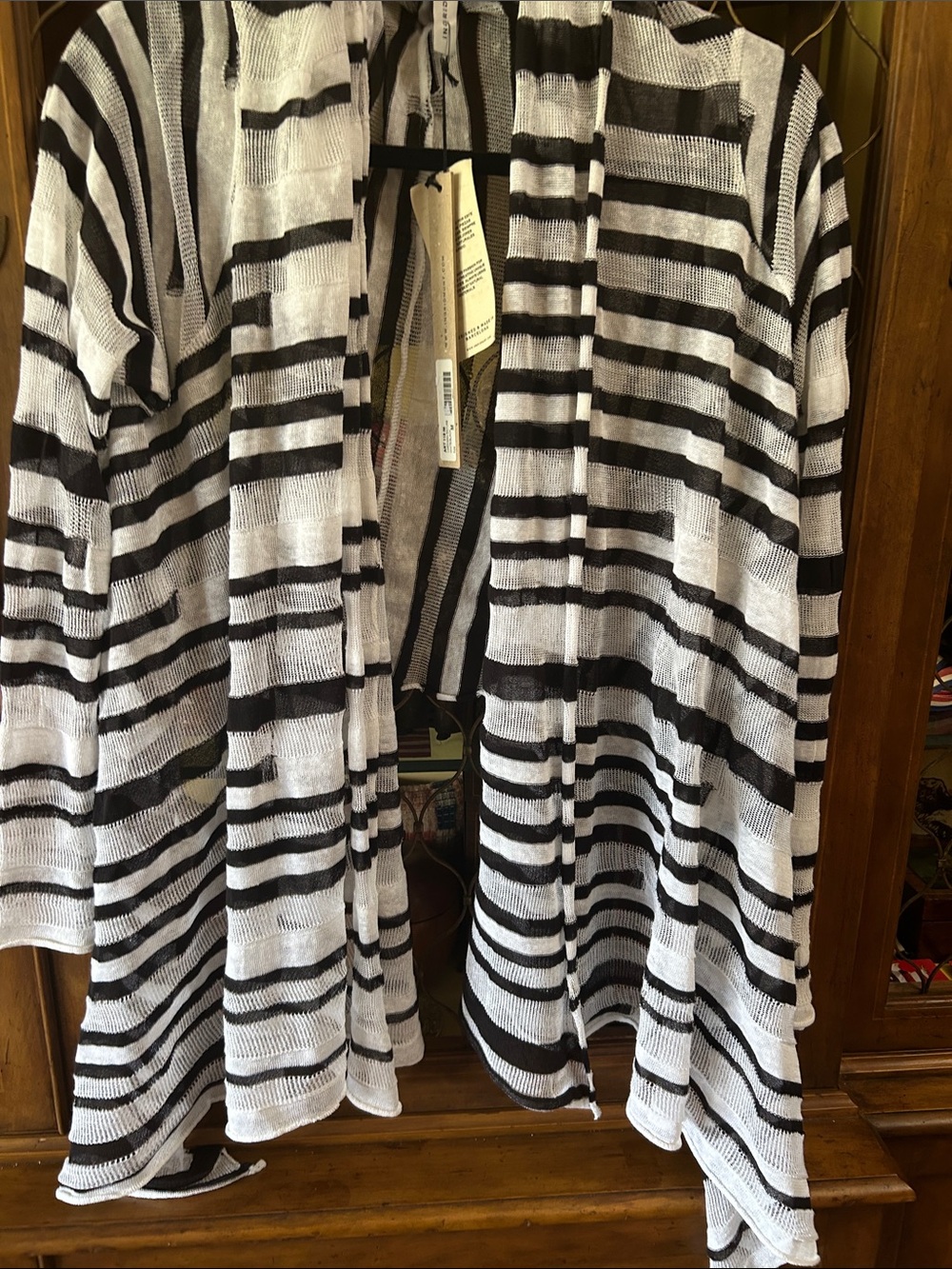 Linen Blend Striped Open-Front Women's Sweater Cardigan - Black & White.
